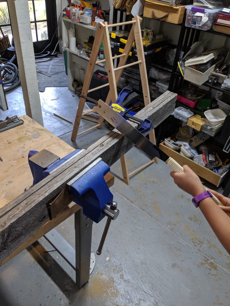 Cutting the shelves for a DIY wooden ladder bookcase