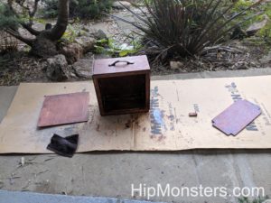 Staining our DIY wooden cabinet.